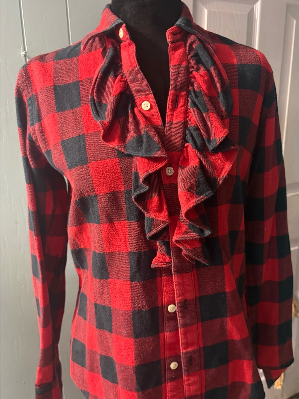 Ralph Lauren Red and Black Buffalo Plaid Ruffle-Front Jean Jacket